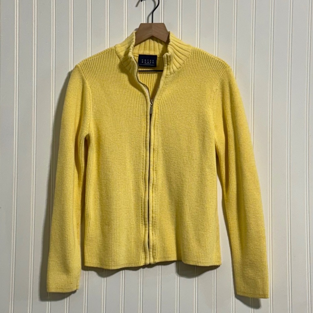 Crazy Horse Liz Claiborne Sweater Women Large Yellow Cotton‎ Zip Cardigan Ribbed